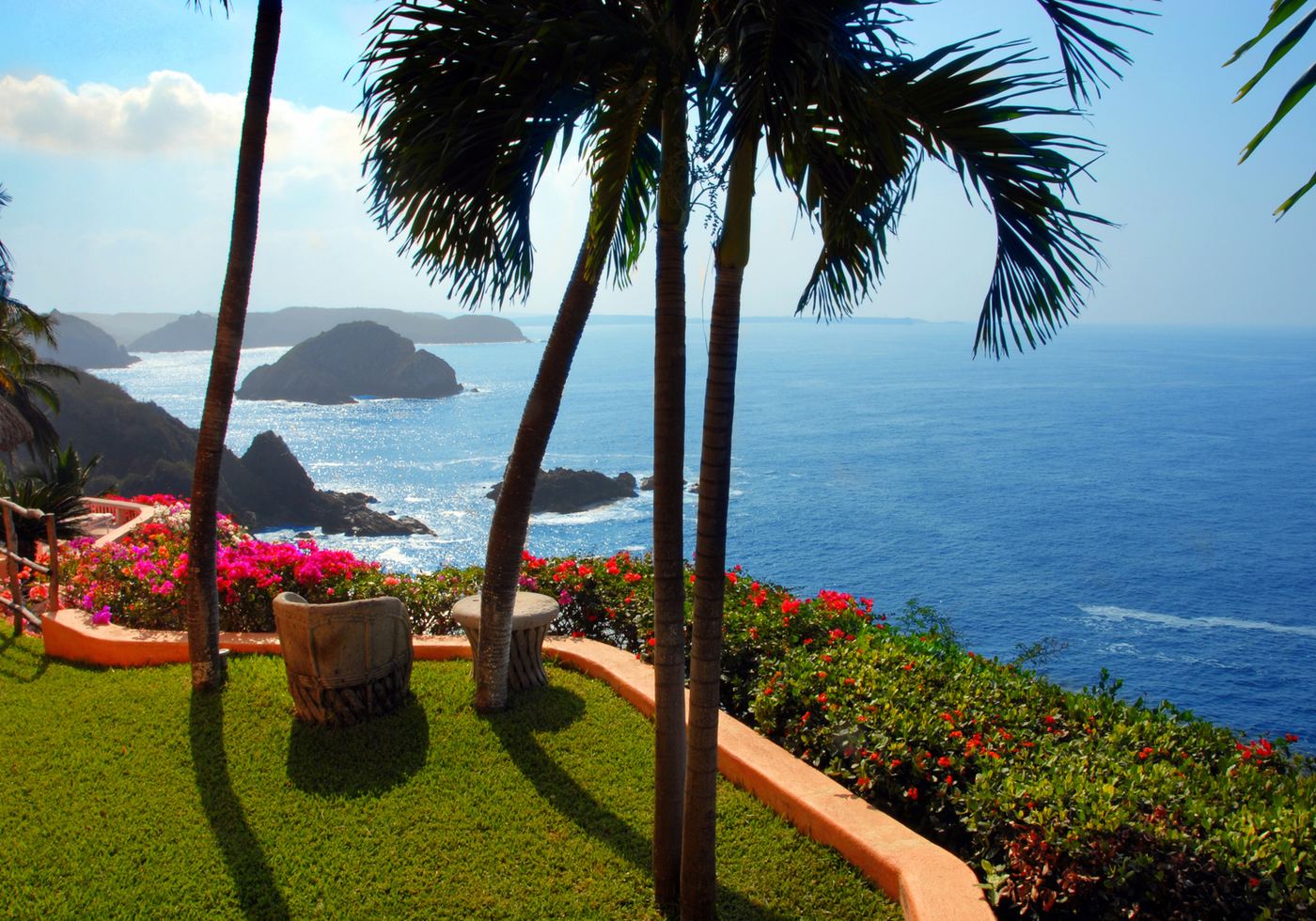 The cliff garden: palms and bougainvillea on the lawn looking out over the blue Pacific and sea stacks